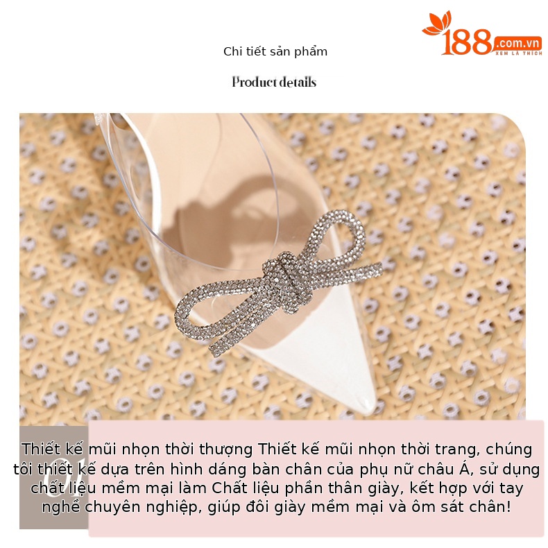 Sandal cao gót nữ mũi nhọn trong suốt gót 8 cm nơ đính đá — Trắng kem-8cm chi tiết 4