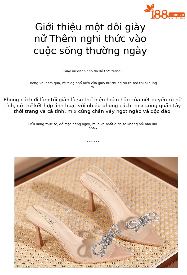 Sandal cao gót nữ mũi nhọn trong suốt gót 8 cm nơ đính đá — Trắng kem-8cm chi tiết 2