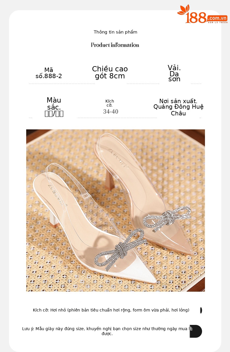 Sandal cao gót nữ mũi nhọn trong suốt gót 8 cm nơ đính đá — Trắng kem-8cm chi tiết 3