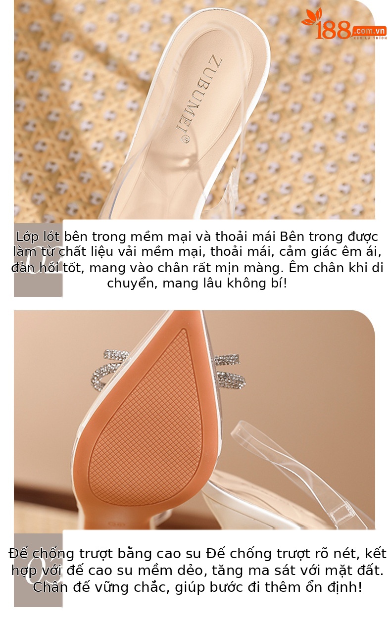 Sandal cao gót nữ mũi nhọn trong suốt gót 8 cm nơ đính đá — Trắng kem-8cm chi tiết 5