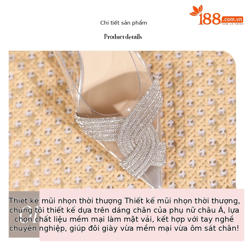 Giày cao gót nữ mũi nhọn gót 8 cm đính đá pha lê trong suốt — Trắng kem-8cm chi tiết 4