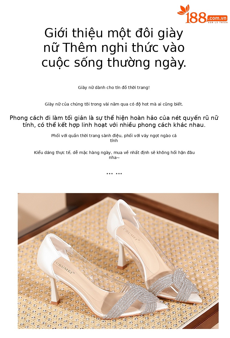 Giày cao gót nữ mũi nhọn gót 8 cm đính đá pha lê trong suốt — Trắng kem-8cm chi tiết 2