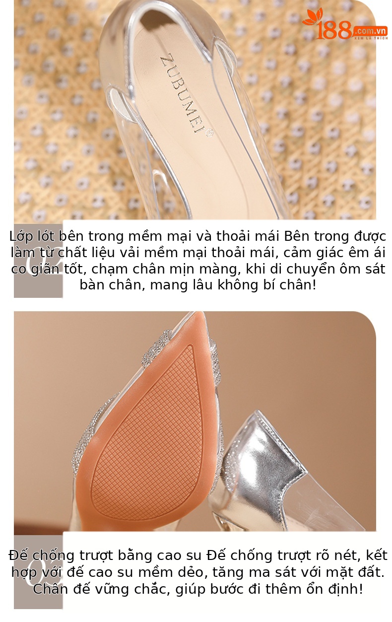 Giày cao gót nữ mũi nhọn gót 8 cm đính đá pha lê trong suốt — Trắng kem-8cm chi tiết 5