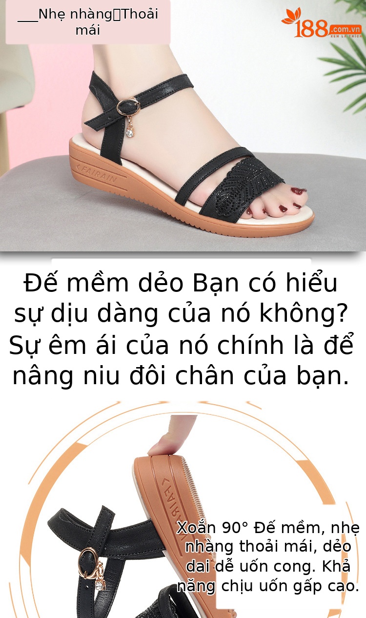 Sandal nữ đế bệt da bò mềm chống trượt size lớn — màu đen chi tiết 2