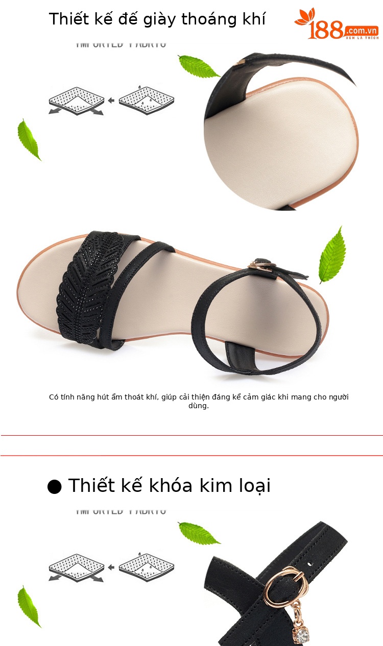 Sandal nữ đế bệt da bò mềm chống trượt size lớn — màu đen chi tiết 7