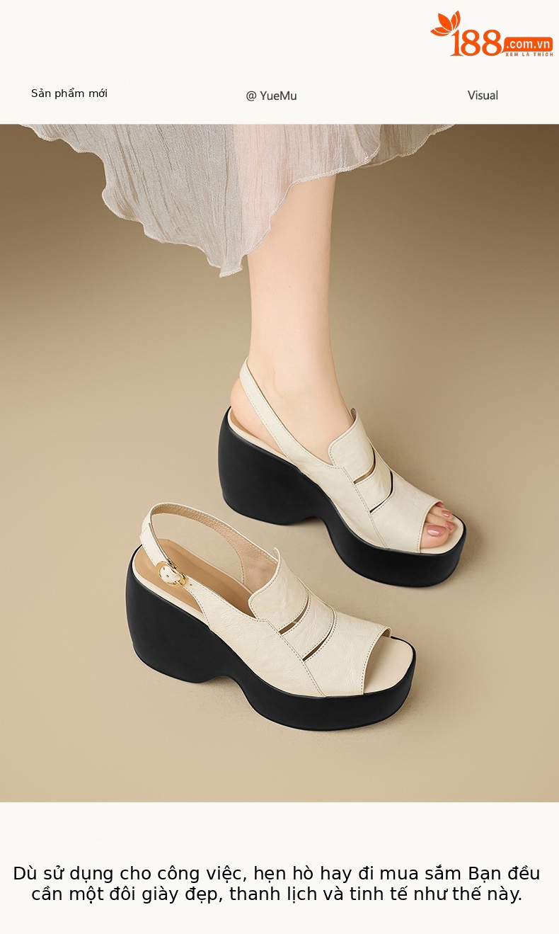 Sandal cao gót nữ đế xuồng mũi hở da cừu — màu đen, màu trắng ngà chi tiết 1