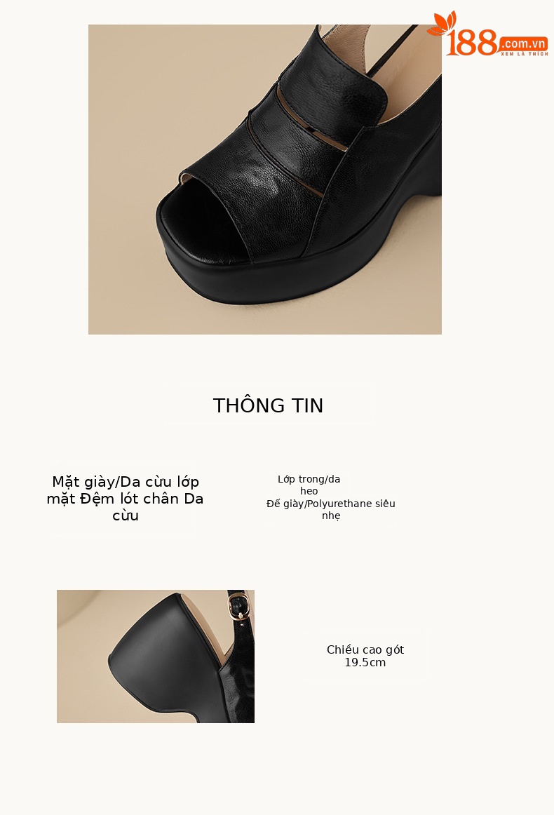 Sandal cao gót nữ đế xuồng mũi hở da cừu — màu đen, màu trắng ngà chi tiết 2