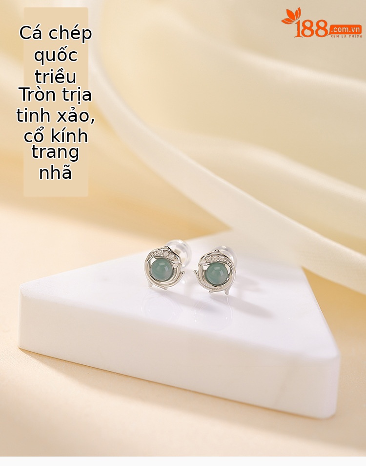 Khuyên tai bạc S925 hình cá chép ngọc bích xanh — Cặp đôi chi tiết 1
