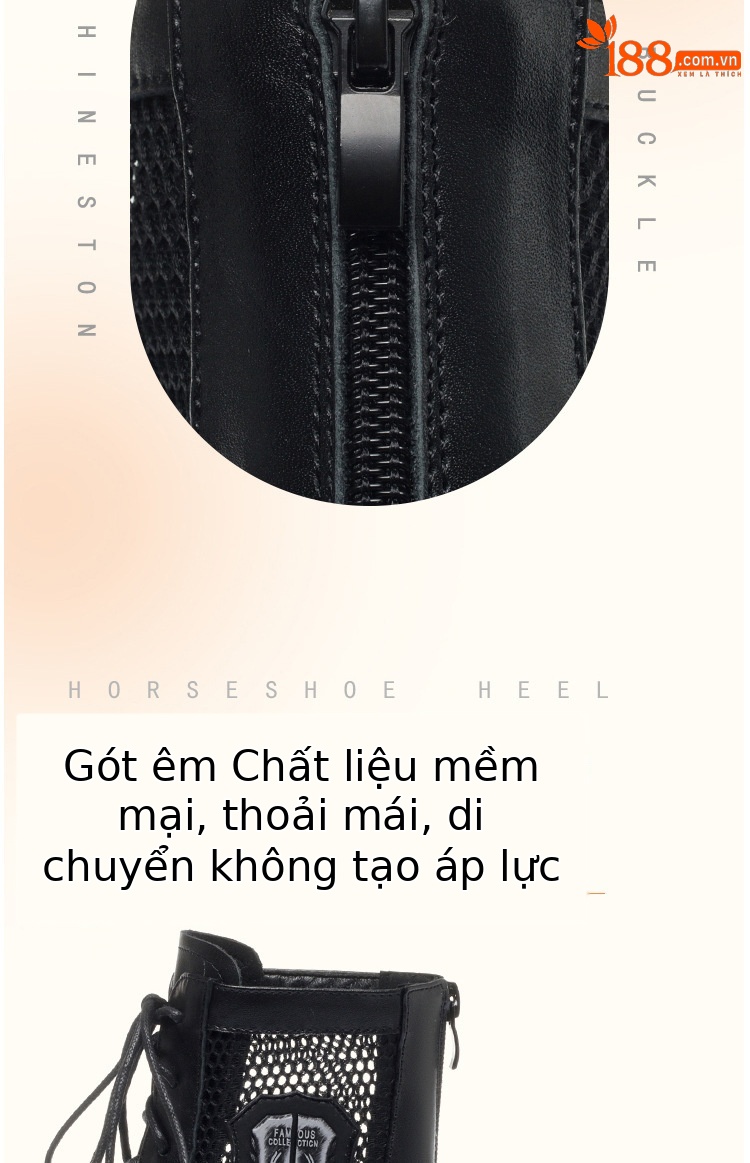 Boot nữ lưới hở mũi gót trung đế thoáng khí — màu be chi tiết 6