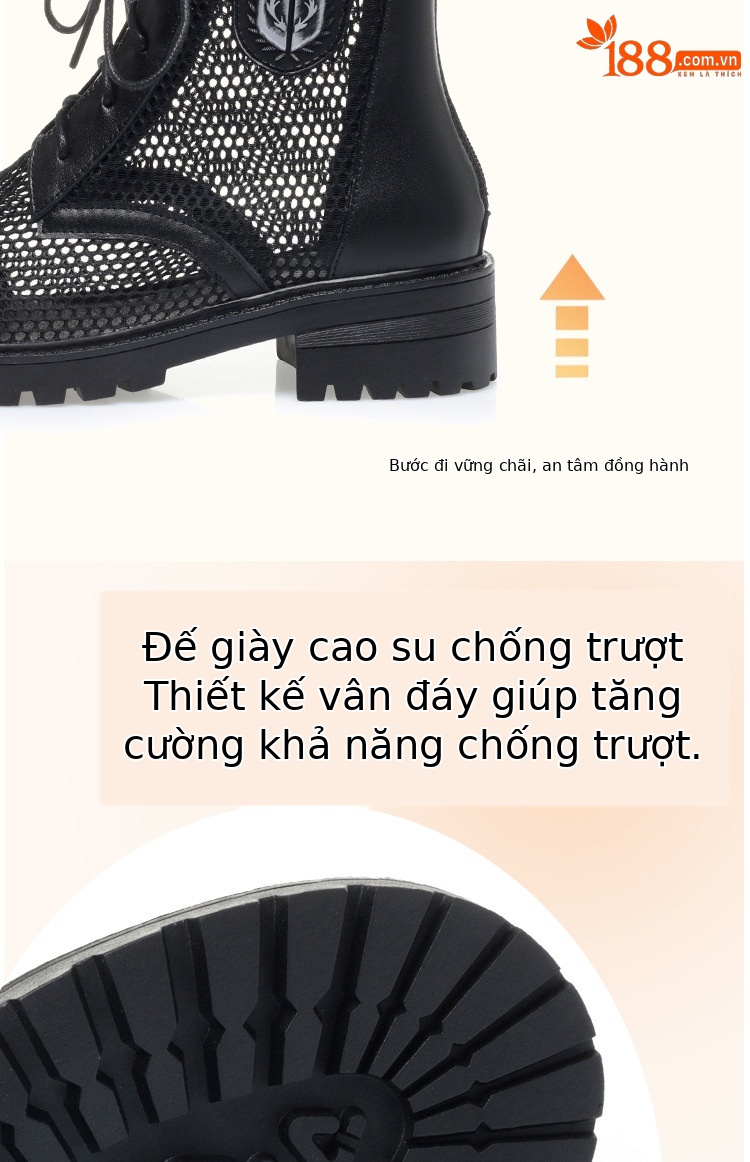 Boot nữ lưới hở mũi gót trung đế thoáng khí — màu be chi tiết 7