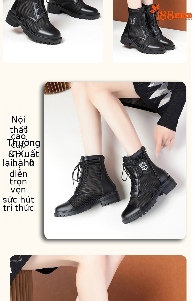 Boot nữ lưới hở mũi gót trung đế thoáng khí — màu be chi tiết 9