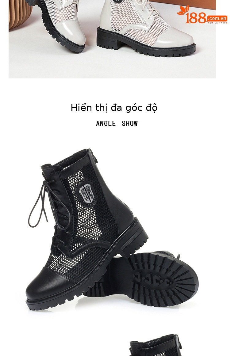 Boot nữ lưới hở mũi gót trung đế thoáng khí — màu be chi tiết 14