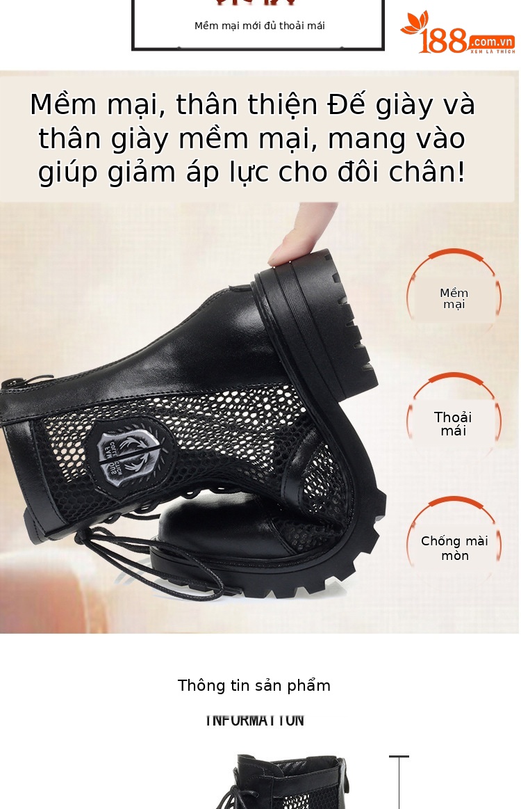 Boot nữ lưới hở mũi gót trung đế thoáng khí — màu be chi tiết 3