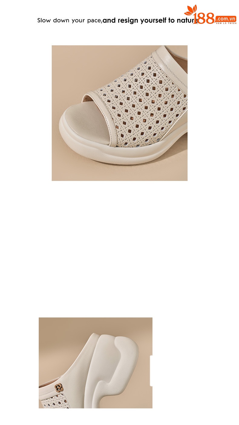 Dép sandal nữ da bò đục lỗ đế bánh xốp dày gót cao nhẹ — màu trắng ngà chi tiết 2