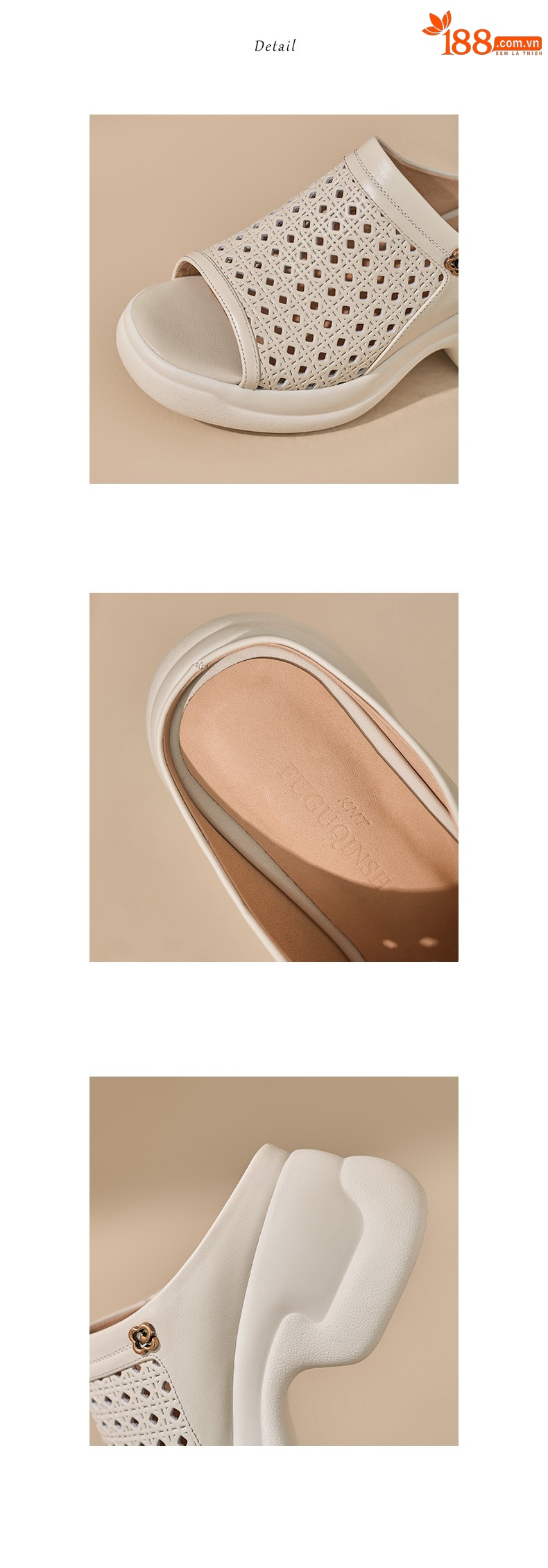 Dép sandal nữ da bò đục lỗ đế bánh xốp dày gót cao nhẹ — màu trắng ngà chi tiết 12