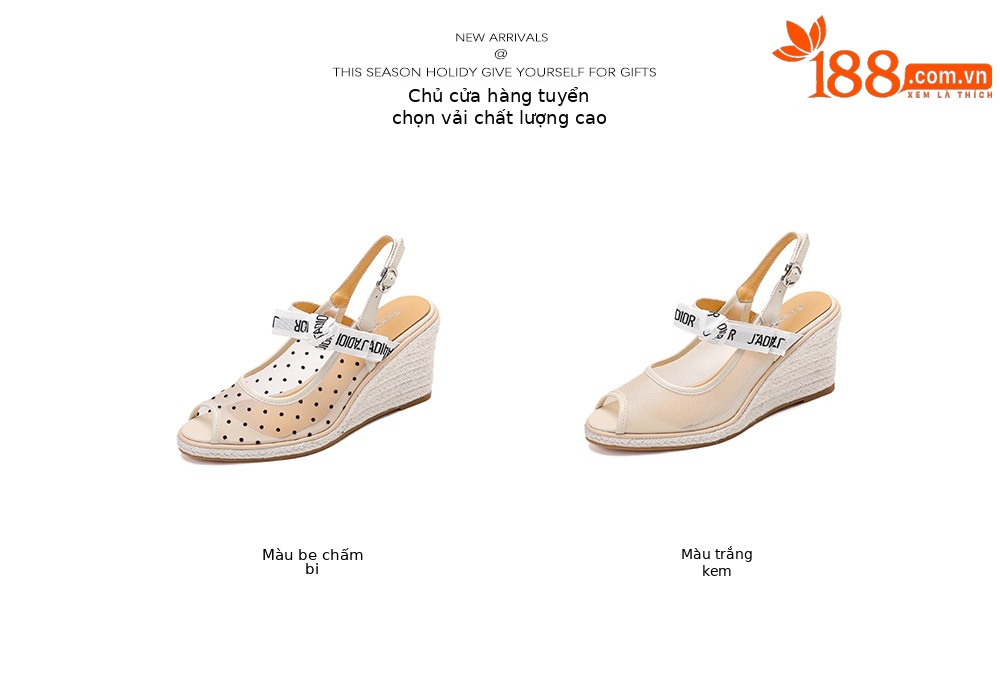 Sandal cao gót nữ hở mũi phong cách nghỉ dưỡng, đế xuồng đan rơm, quai một dây ngang, gót 9 cm — màu trắng ngà, chấm bi be chi tiết 3