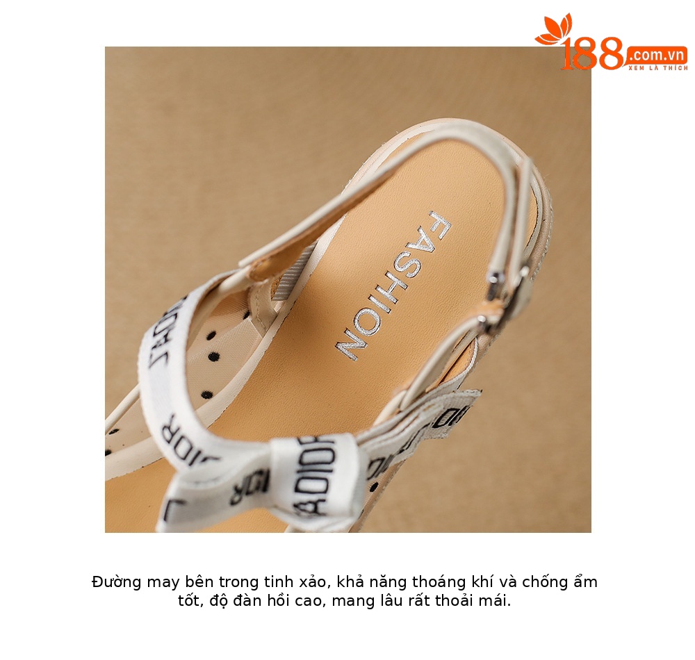 Sandal cao gót nữ hở mũi phong cách nghỉ dưỡng, đế xuồng đan rơm, quai một dây ngang, gót 9 cm — màu trắng ngà, chấm bi be chi tiết 17