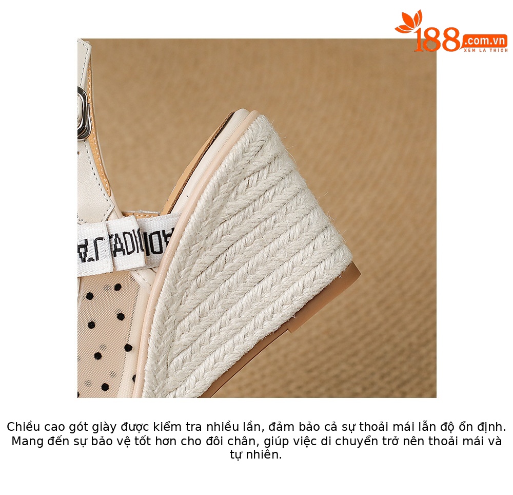 Sandal cao gót nữ hở mũi phong cách nghỉ dưỡng, đế xuồng đan rơm, quai một dây ngang, gót 9 cm — màu trắng ngà, chấm bi be chi tiết 18