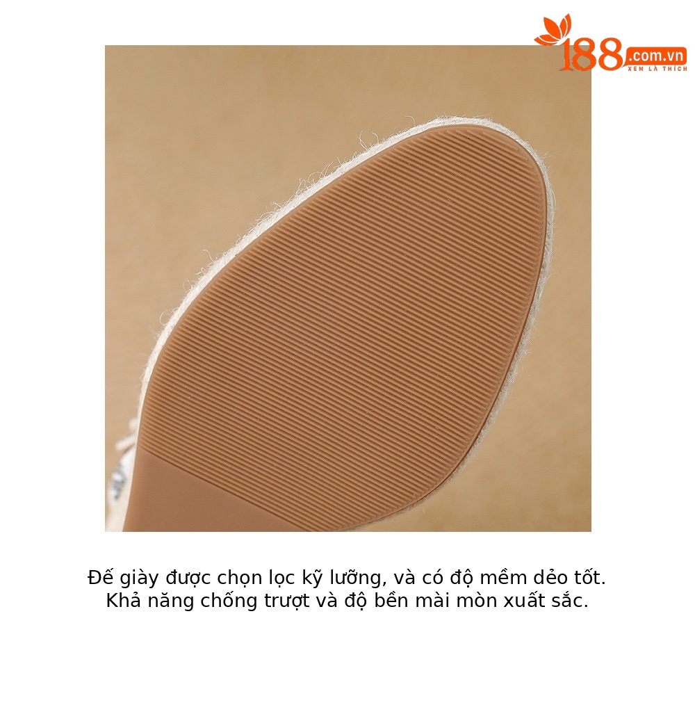 Sandal cao gót nữ hở mũi phong cách nghỉ dưỡng, đế xuồng đan rơm, quai một dây ngang, gót 9 cm — màu trắng ngà, chấm bi be chi tiết 19