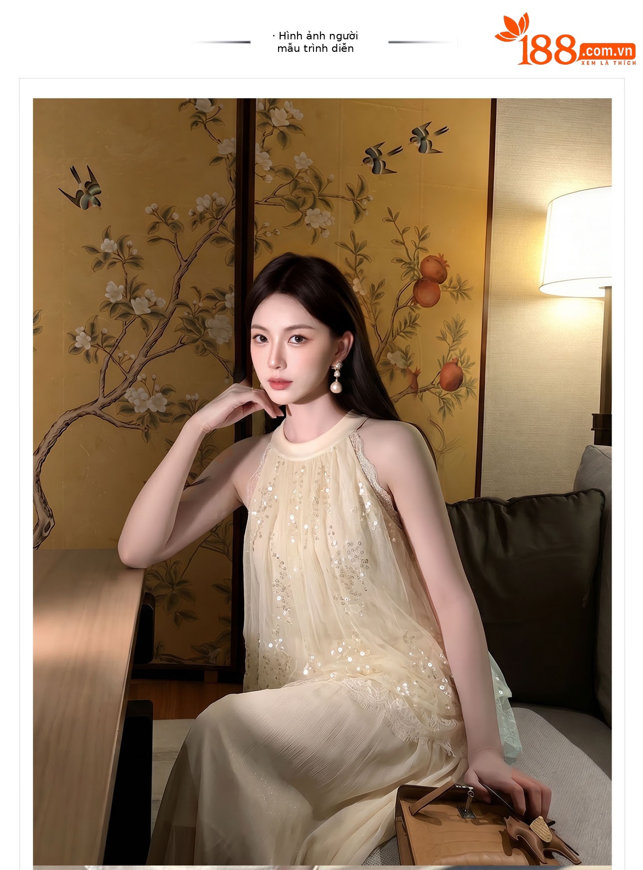 Áo croptop nữ tay ngắn cổ yếm xếp ly đính sequin phối bộ — bộ đồ, nửa váy, Gạo trắng Top chi tiết 1
