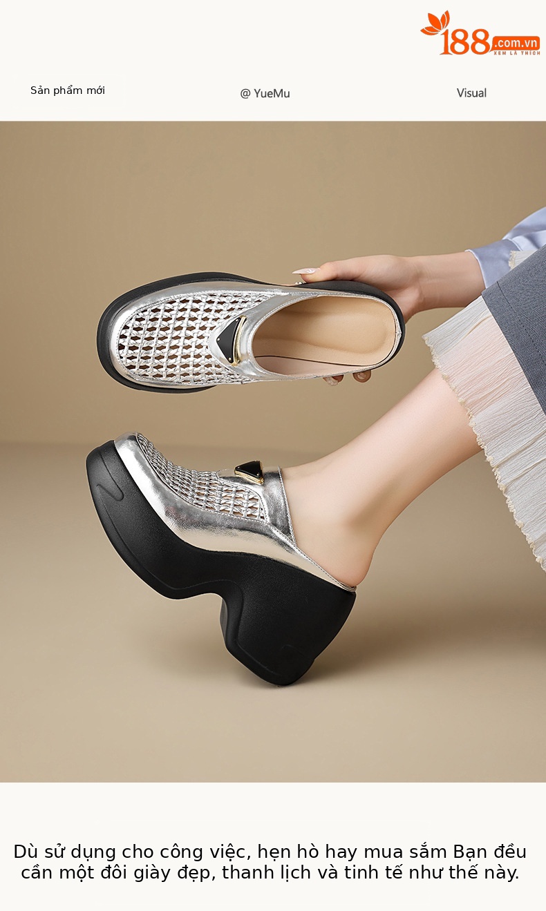 Dép sandal nữ đế xuồng cao bồi, quai chữ v đan mây, mũi kín hở ngón, form rộng thoải mái — màu đen, bạc chi tiết 1