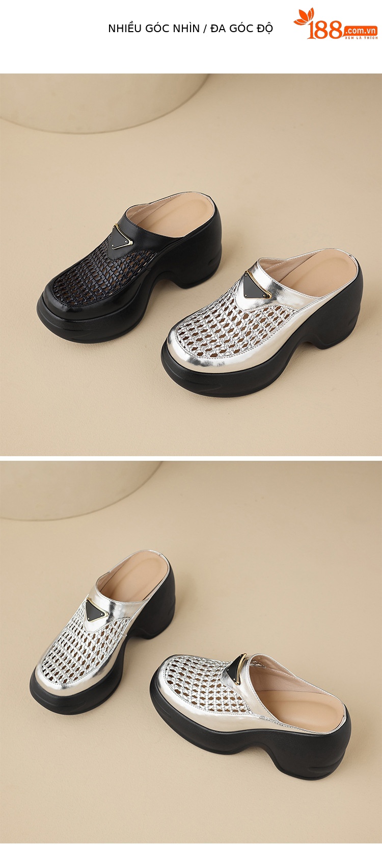 Dép sandal nữ đế xuồng cao bồi, quai chữ v đan mây, mũi kín hở ngón, form rộng thoải mái — màu đen, bạc chi tiết 12