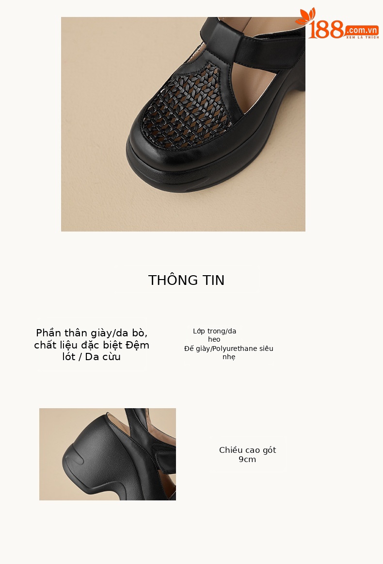 Giày Mary Jane nữ mũi tròn quai ngang, đế xuồng cao, khóa dán, phối váy mùa hè — màu đen, bạc chi tiết 2