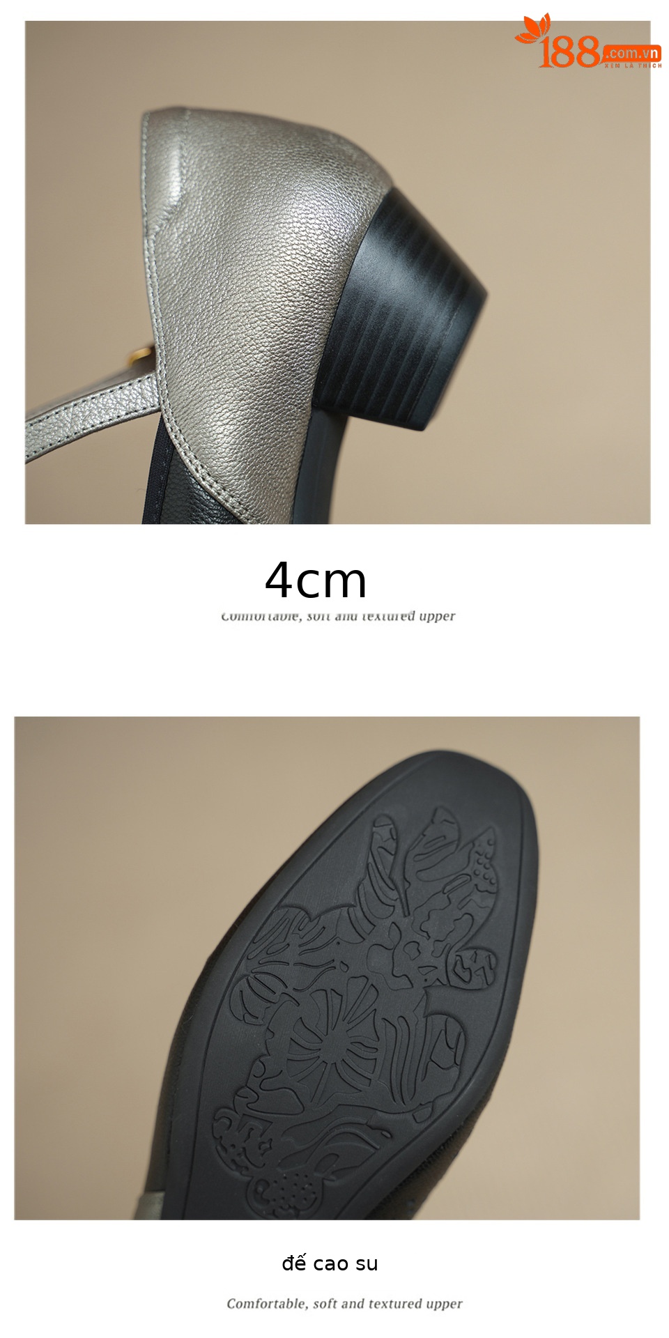 Giày da dê đục lỗ phối màu gót 4 cm quai ngang khóa móc nữ — đen chi tiết 15