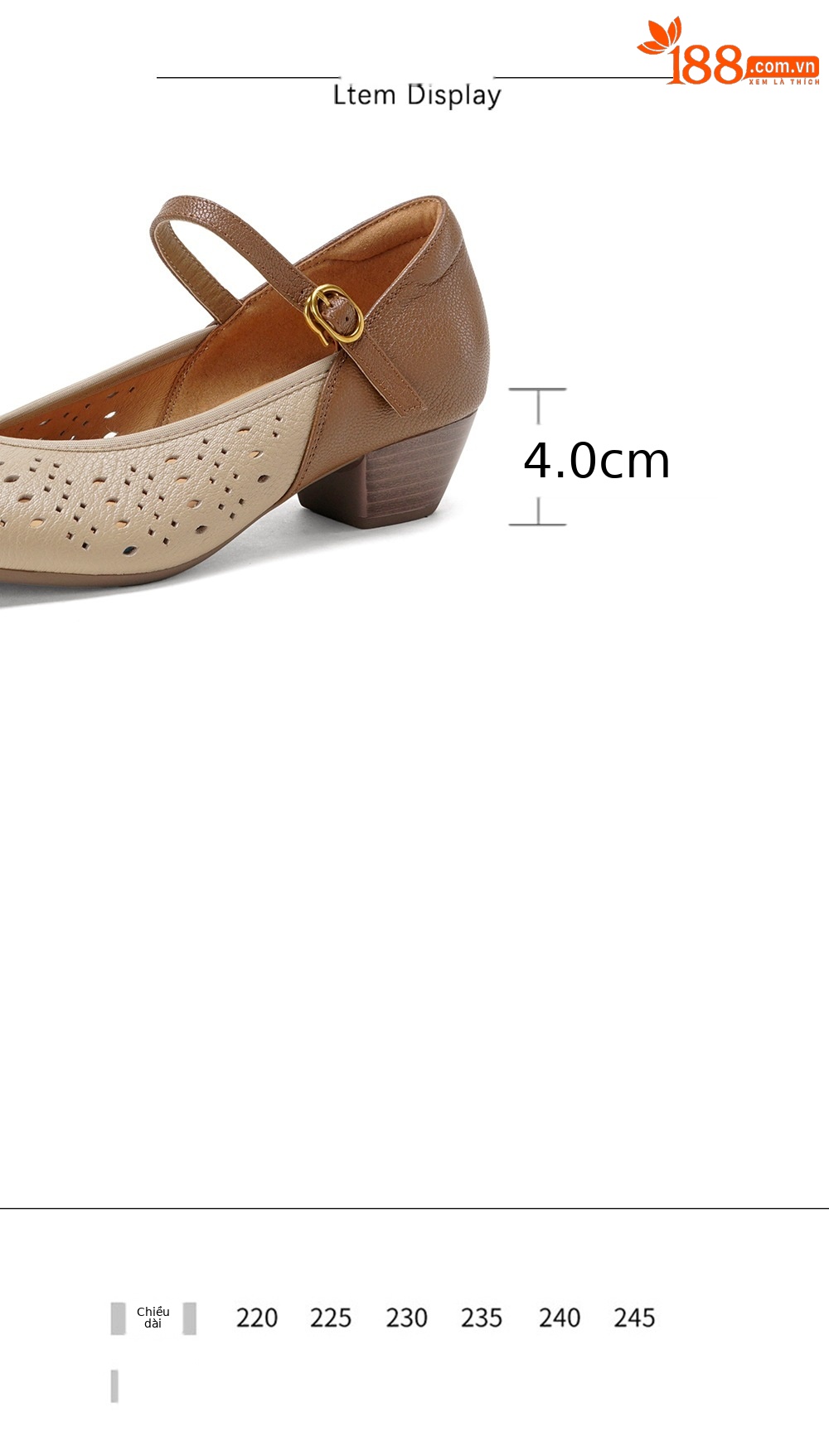 Giày da dê đục lỗ phối màu gót 4 cm quai ngang khóa móc nữ — đen chi tiết 3