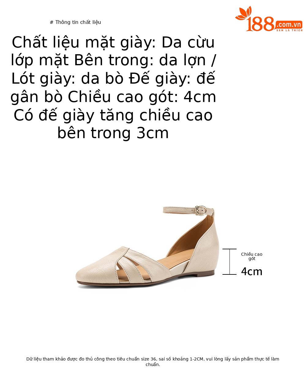Sandal nữ quai chữ V đế xuồng da dê lỗ rỗng, gót 5 cm, size 34–42 — màu be chi tiết 7
