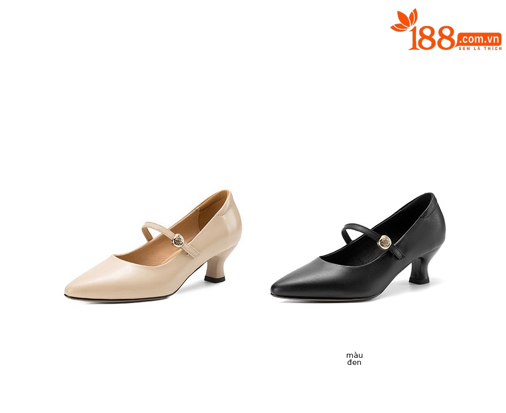 Giày Mary Jane nữ mũi nhọn gót vuông da bò thật quai ngang — đen chi tiết 7