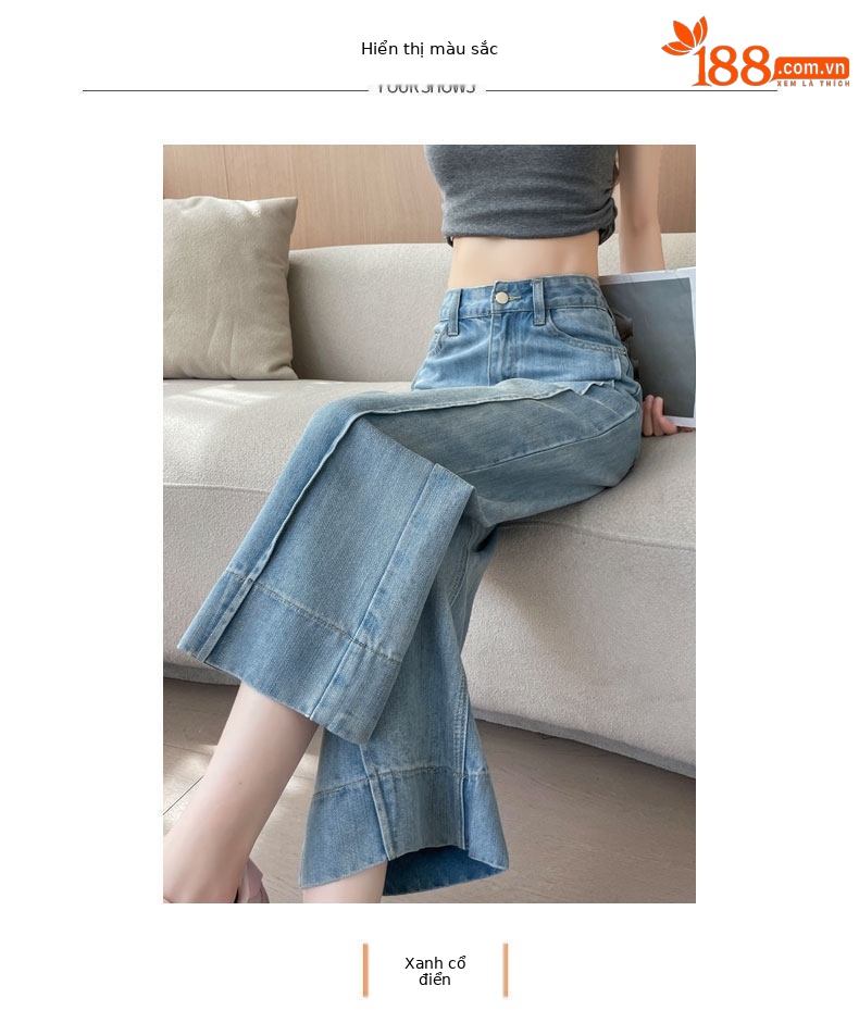 Quần jeans ống rộng nữ dáng suông cạp cao ống suông 9 điểm — Màu xanh hoài cổ 9 điểm chi tiết 2