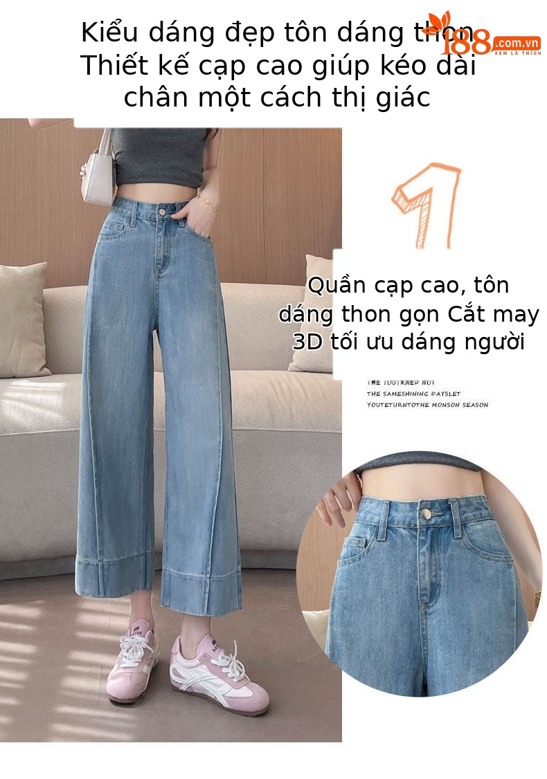 Quần jeans ống rộng nữ dáng suông cạp cao ống suông 9 điểm — Màu xanh hoài cổ 9 điểm chi tiết 3