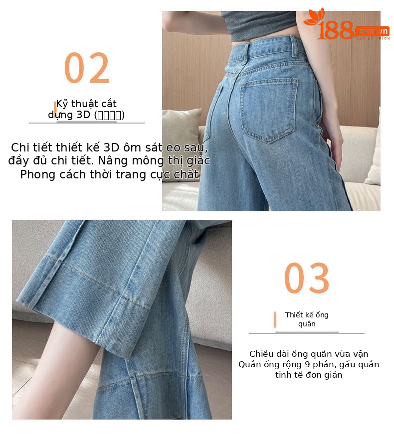 Quần jeans ống rộng nữ dáng suông cạp cao ống suông 9 điểm — Màu xanh hoài cổ 9 điểm chi tiết 6