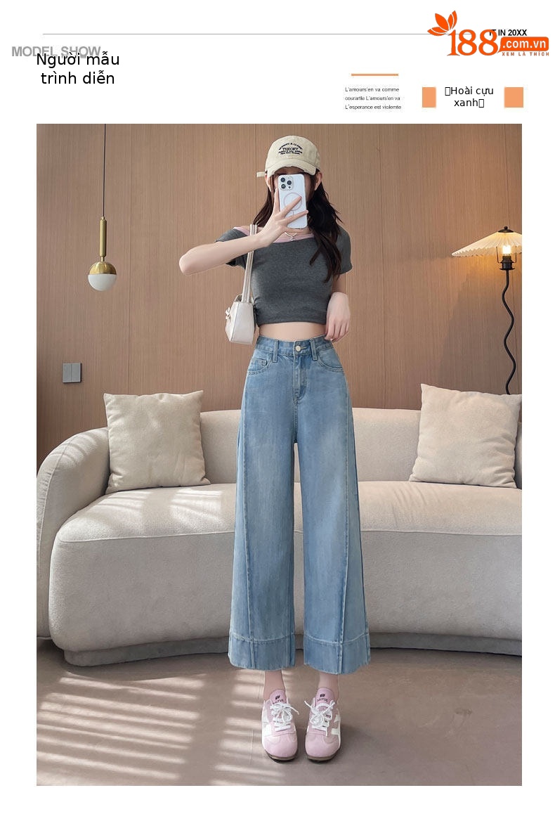 Quần jeans ống rộng nữ dáng suông cạp cao ống suông 9 điểm — Màu xanh hoài cổ 9 điểm chi tiết 10