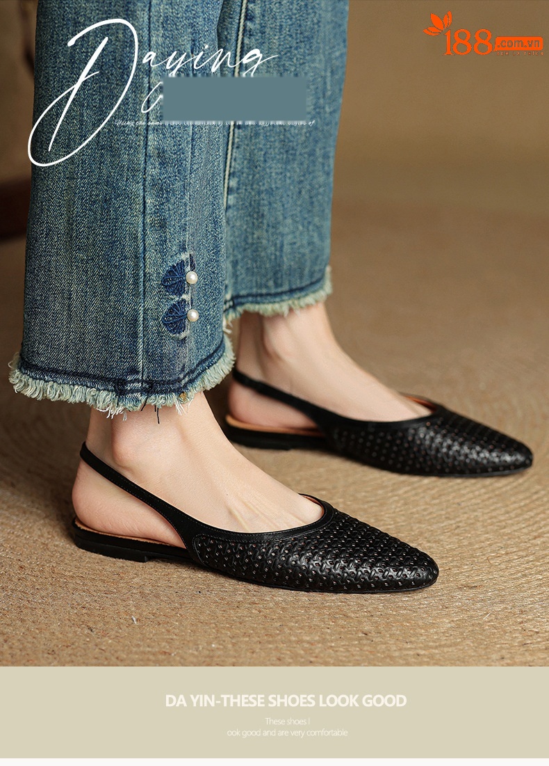 Sandal nữ da bò mũi kín quai sau đế bệt phong cách Hàn Quốc — đen chi tiết 2