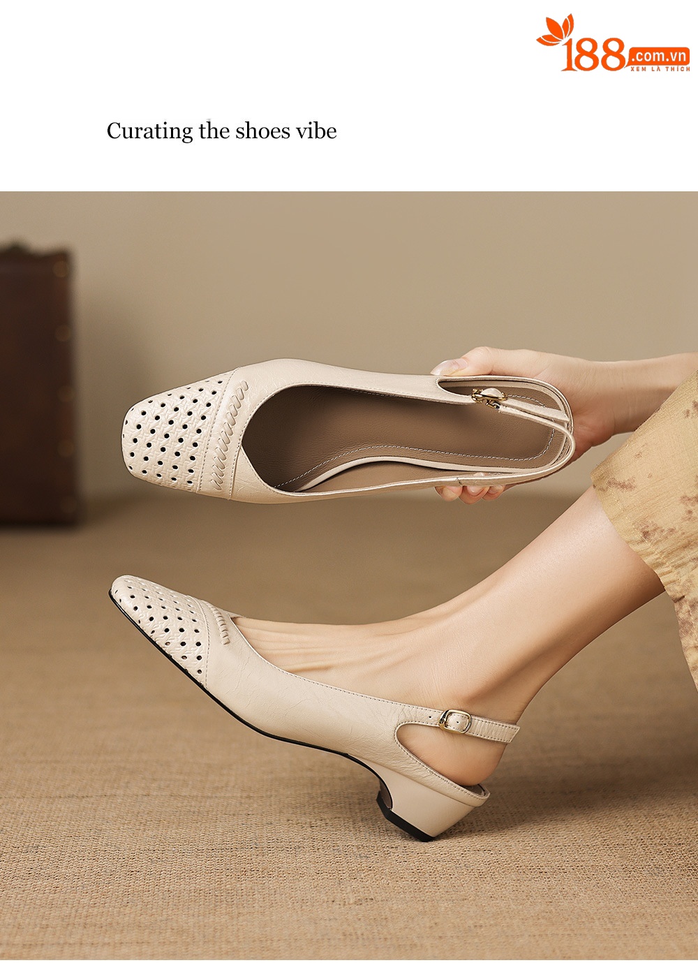Sandal nữ gót thấp 3.5 cm mũi kín quai ngang khóa một chữ — Sương mù xanh chi tiết 5