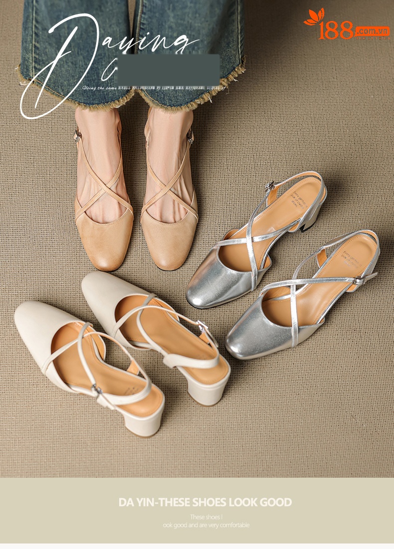 Sandal cao gót nữ mũi nhọn quai chéo buộc dây, gót vuông ổn định — màu trắng ngà chi tiết 1