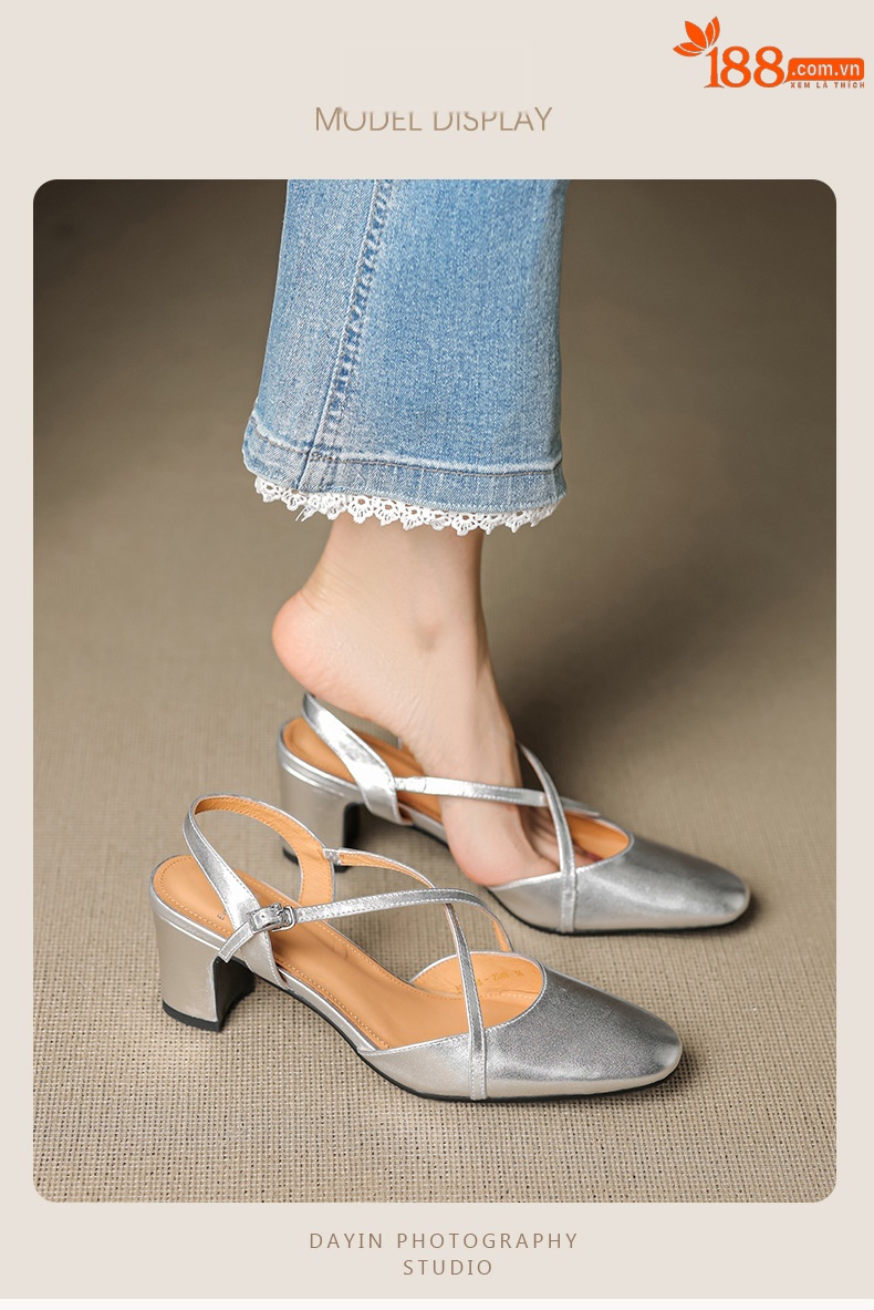 Sandal cao gót nữ mũi nhọn quai chéo buộc dây, gót vuông ổn định — màu trắng ngà chi tiết 4