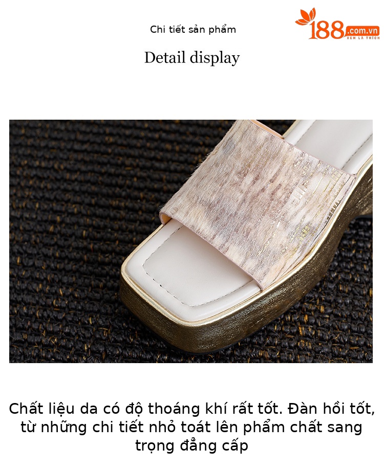 Sandal cao gót nữ hở mũi đế xuồng vuông chất da bò lông ngựa — Hồng ngó sen, màu mơ chi tiết 3