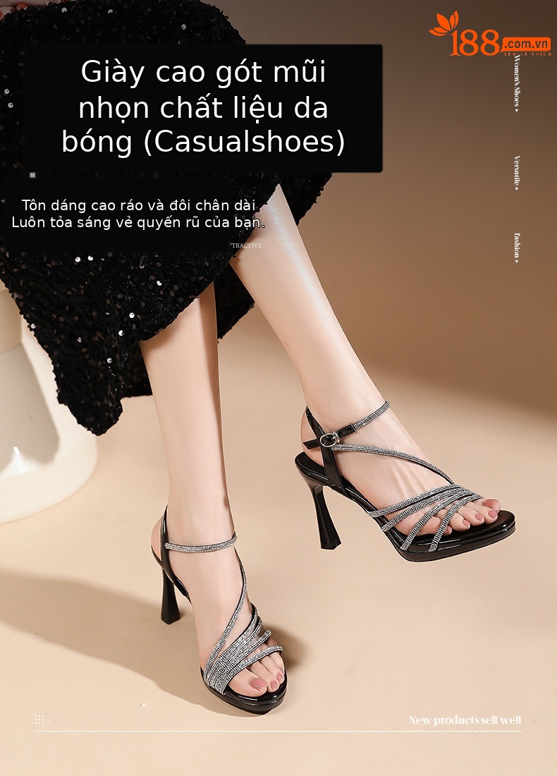 Sandal cao gót nữ mũi nhọn quai ngang đính đá, gót 9 cm, đế platform — Màu nude-9cm chi tiết 1