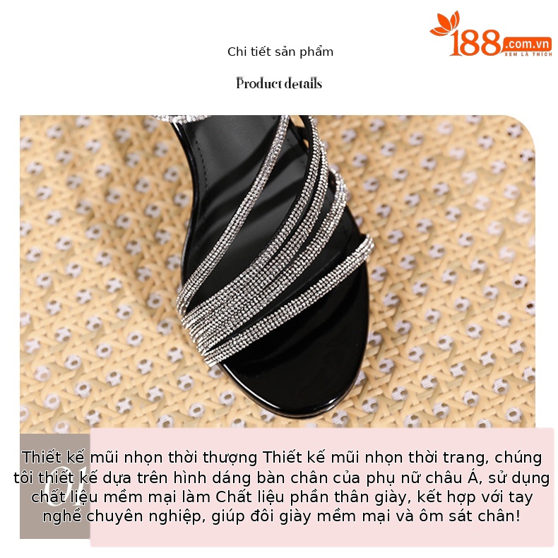 Sandal cao gót nữ mũi nhọn quai ngang đính đá, gót 9 cm, đế platform — Màu nude-9cm chi tiết 3