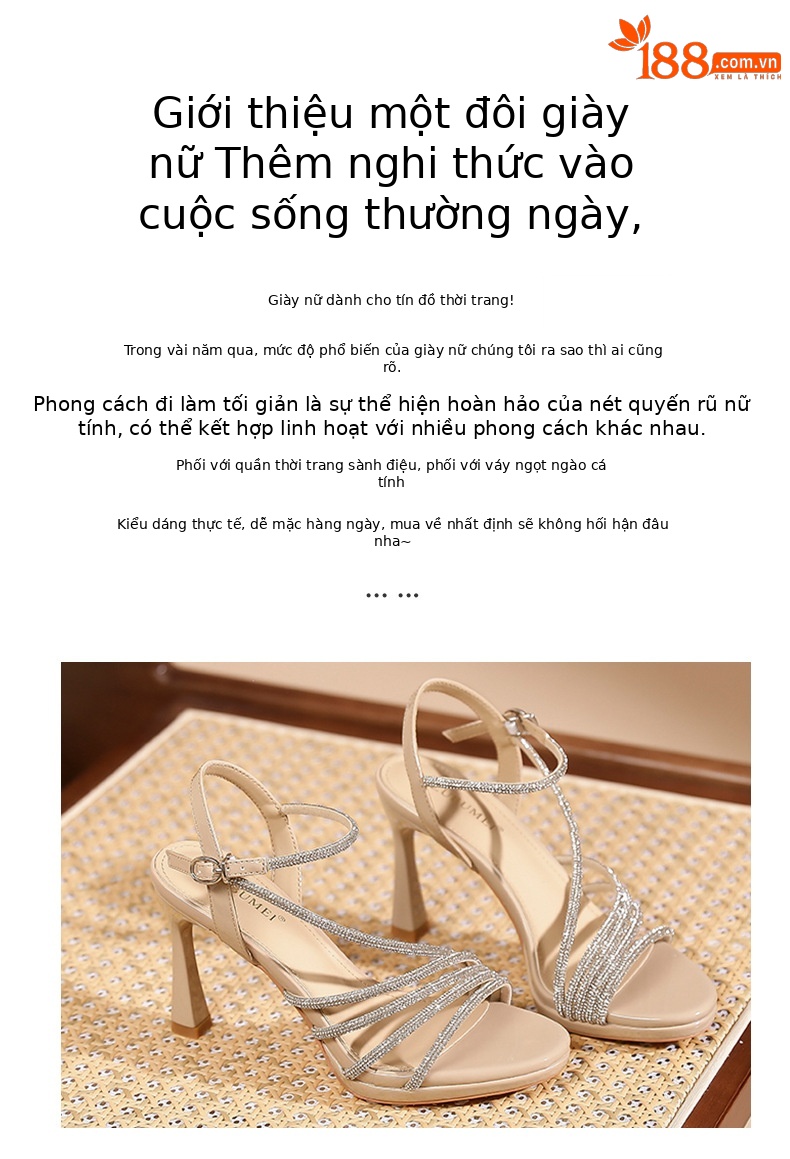Sandal cao gót nữ mũi nhọn quai ngang đính đá, gót 9 cm, đế platform — Màu nude-9cm chi tiết 2