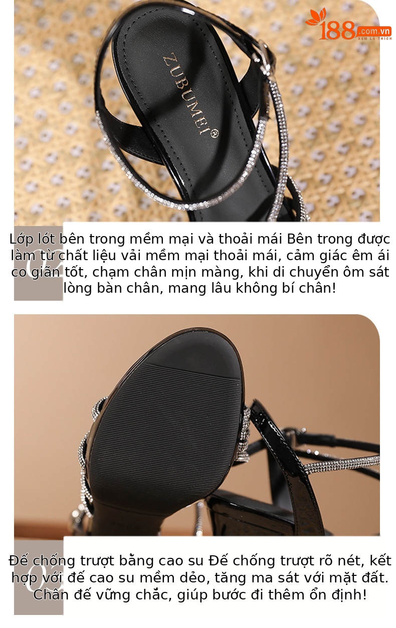 Sandal cao gót nữ mũi nhọn quai ngang đính đá, gót 9 cm, đế platform — Màu nude-9cm chi tiết 4