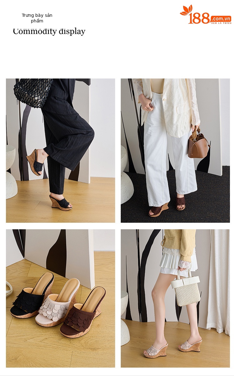 Sandal cao gót nữ hở mũi quai ngang đế xuồng 11cm kèm tua rua — màu nâu, màu đen, Ánh sáng Apricot chi tiết 1