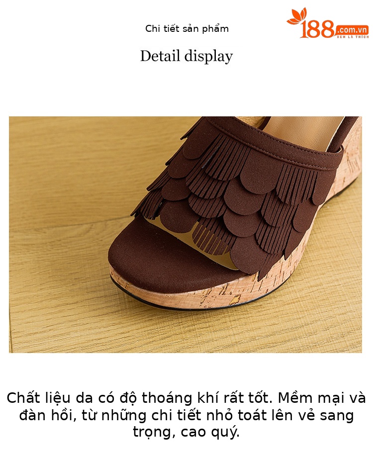 Sandal cao gót nữ hở mũi quai ngang đế xuồng 11cm kèm tua rua — màu nâu, màu đen, Ánh sáng Apricot chi tiết 3