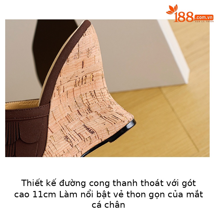 Sandal cao gót nữ hở mũi quai ngang đế xuồng 11cm kèm tua rua — màu nâu, màu đen, Ánh sáng Apricot chi tiết 5