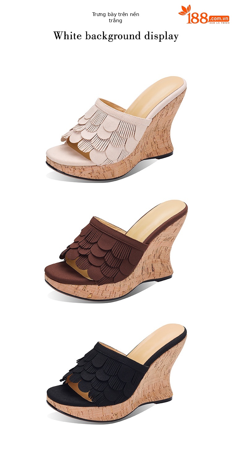 Sandal cao gót nữ hở mũi quai ngang đế xuồng 11cm kèm tua rua — màu nâu, màu đen, Ánh sáng Apricot chi tiết 26