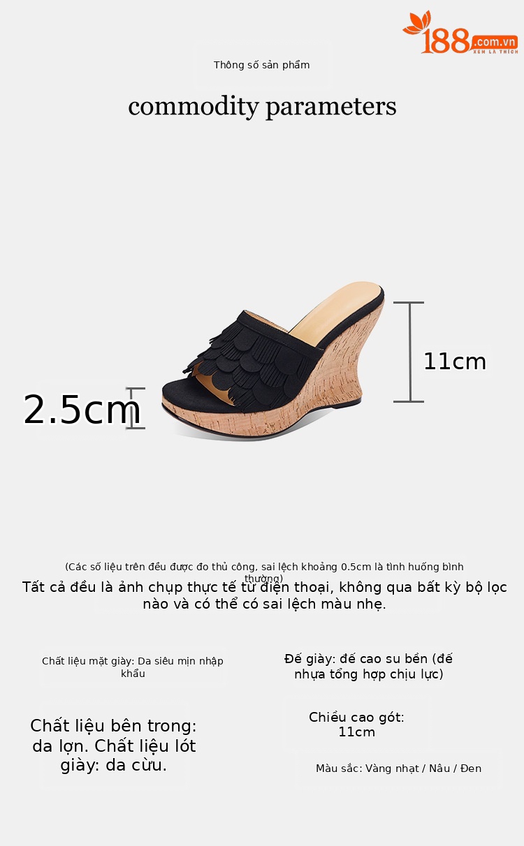 Sandal cao gót nữ hở mũi quai ngang đế xuồng 11cm kèm tua rua — màu nâu, màu đen, Ánh sáng Apricot chi tiết 2