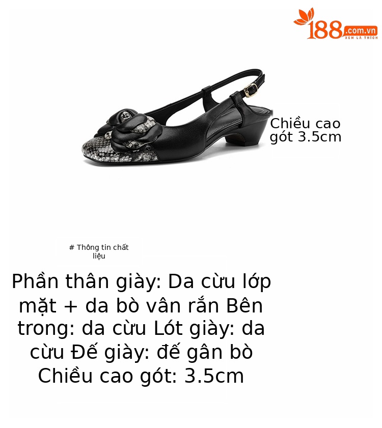 Sandal nữ da dê gót thấp 3,5 cm mũi kín hở gót quai ngang hoa ghép màu — đen chi tiết 3